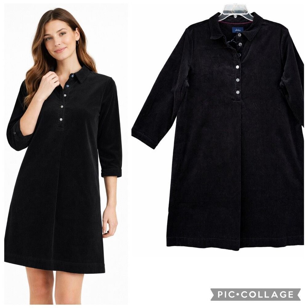 New Joules Stella Black Corduroy Collar Shirt Dress 12 Better BCI Cotton British